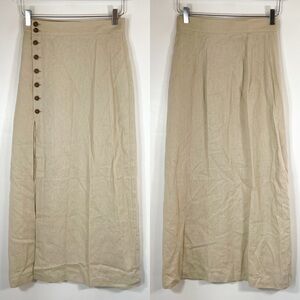 By Aylin Koenig Linen Button Down Side Slit Midi Skirt High Rise Beige size S